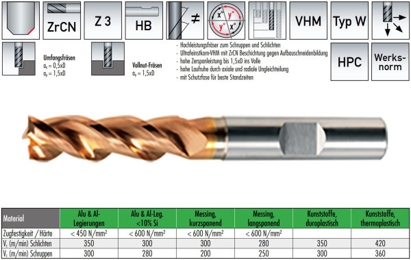 VHM-Hochleistungsfräser für Aluminium, 3-schneidig, lang